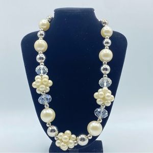 Vintage Faux Pearl Bib Necklace Chunky Bubble Cluster Silver Tone Bauble Glass